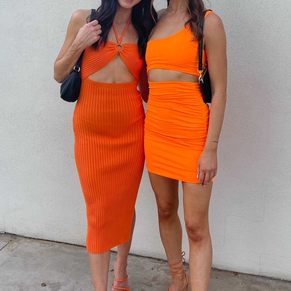 Orange Cutout Halter Midi Dress